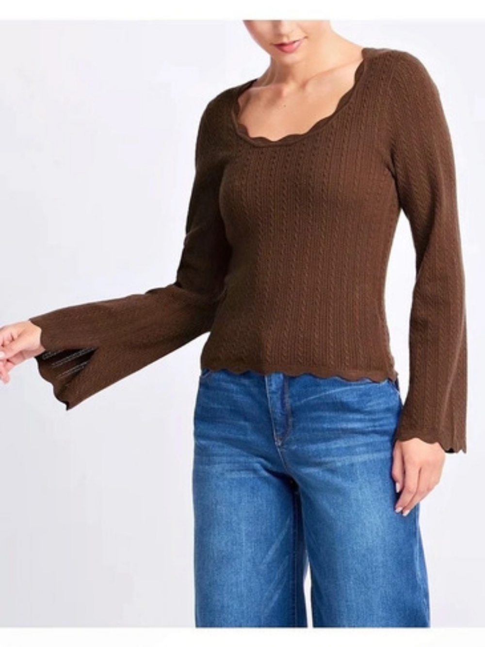 Pink Lily Lenny Brown Scallop Trim Top Brown